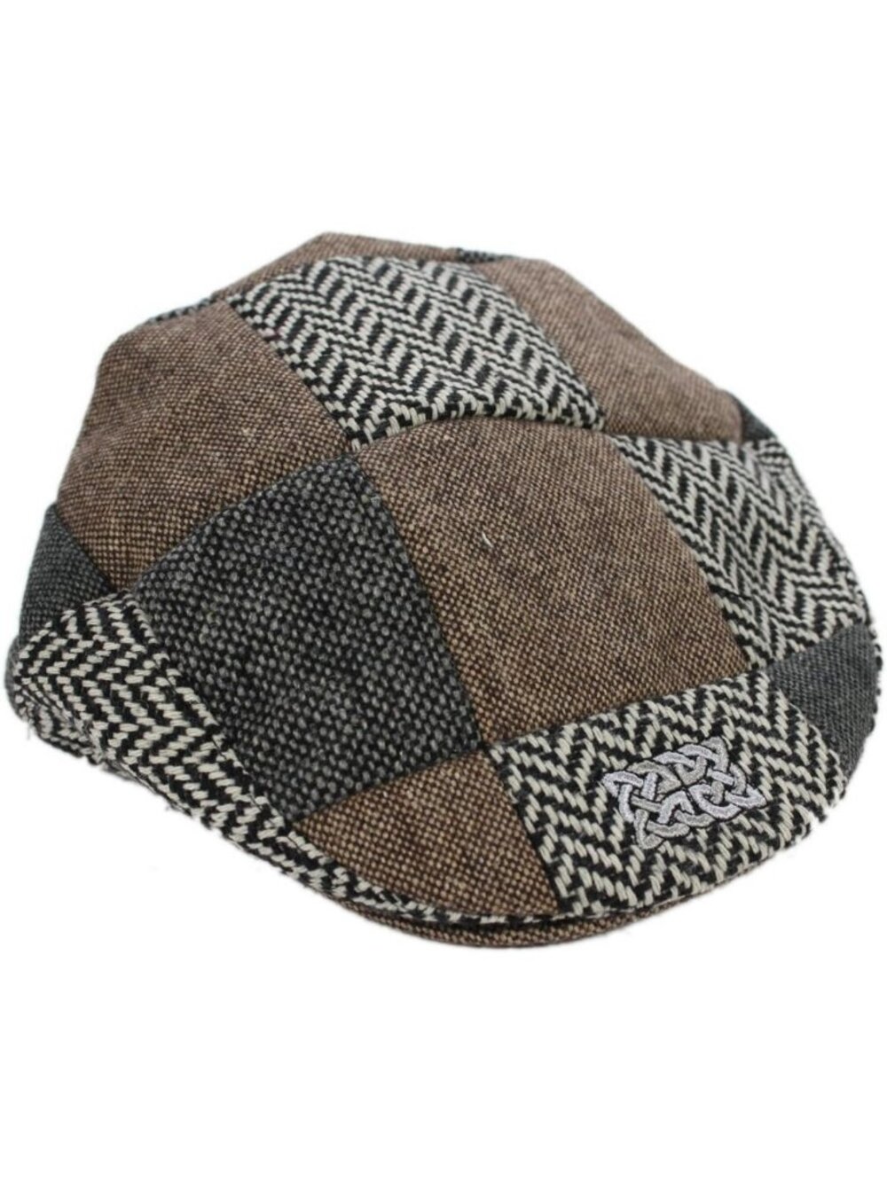 Stylish Children's Brown Patchwork Flat Cap with Celtic Emblem - Perfect for
